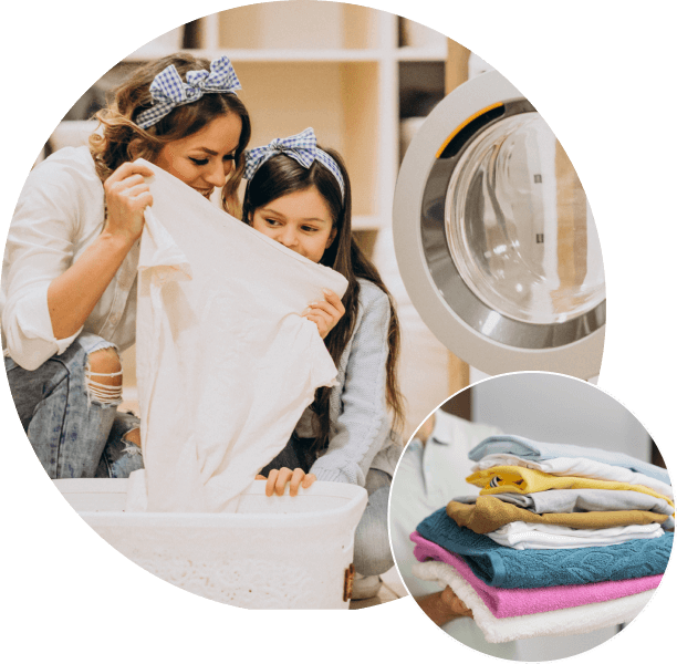 Fresh laundry being sorted, and a stack of neatly folded towels